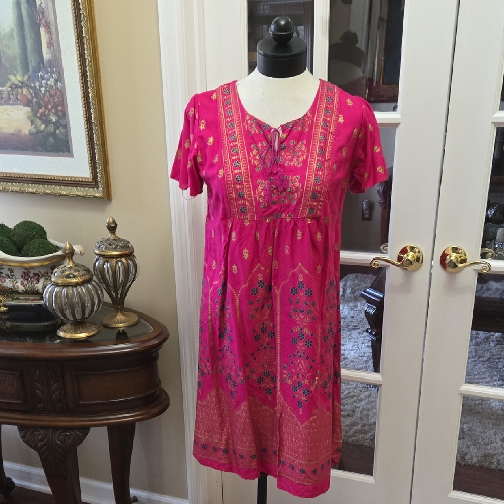 Lapogee Pink Gold Print Dress Short Sleeve Tassel Tie Neckline FullyLined S NEW
